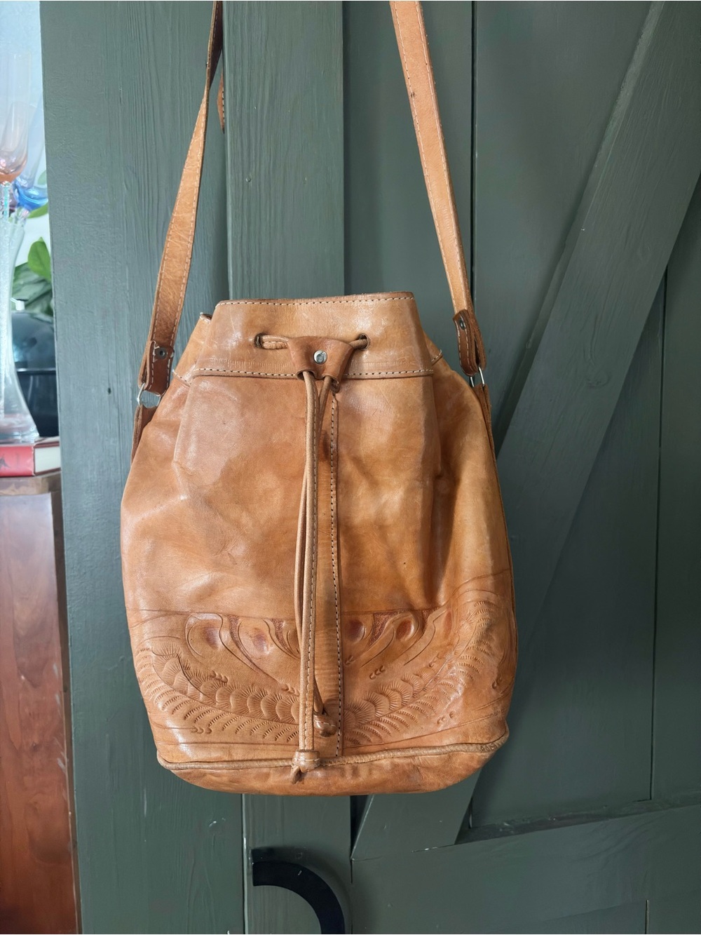 Vintage Embossed Leather Bucket Bag